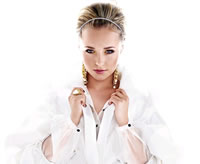 Hayden Panettiere on a white background looking very sexy and seductive in white outfit.