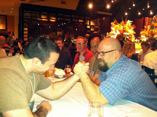 Jason Dean beat Ben Nadel in an arm wrestling match at cf.Objective() 2011.