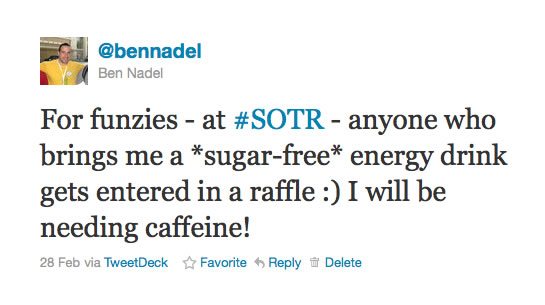 For funzies - at #SOTR - anyone who brings me a *sugar-free* energy drink gets entered in a raffle :) I will be needing caffeine!