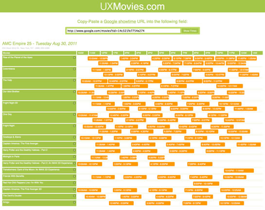 UXMovies.com takes Google Movie showtimes and plots them on a gantt-chart-like visual in order to present movies show times in a visual manner.