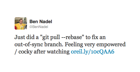 Ben Nadel tweets about a git pull --rebase command.