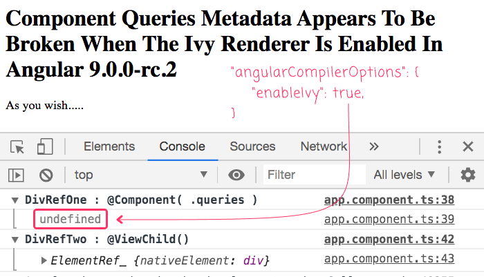 Component queries metadata fails to inject element reference if Ivy is enabled in Angular 9.0.0-rc.2.