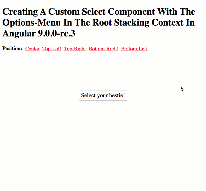 A custom select component in Angular 9.0.0-rc.3 dynamically renders its options menu in the document.body.