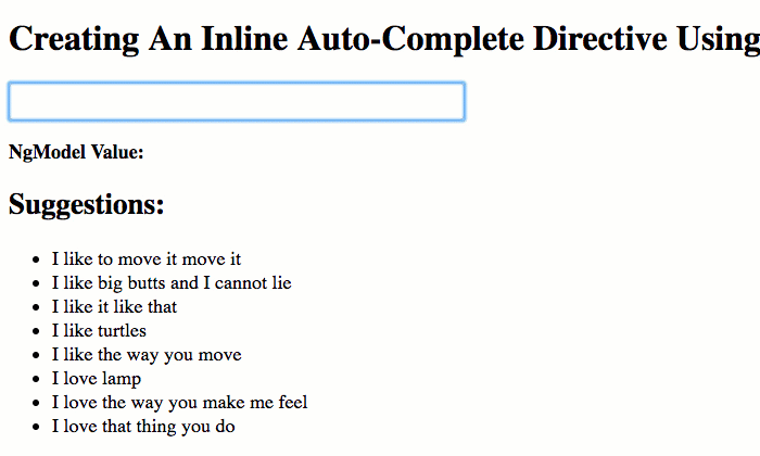 Demonstration of user typing into auto-complete input and seeing suggestions in Angular 7.2.15.