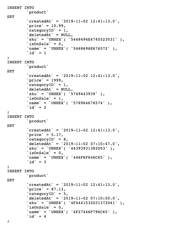 A set of MySQL insert statements representing a slice of restored data.