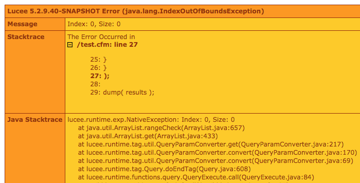 queryExecute() with empty list throws an error in Lucee CFML 5.2.9.40.