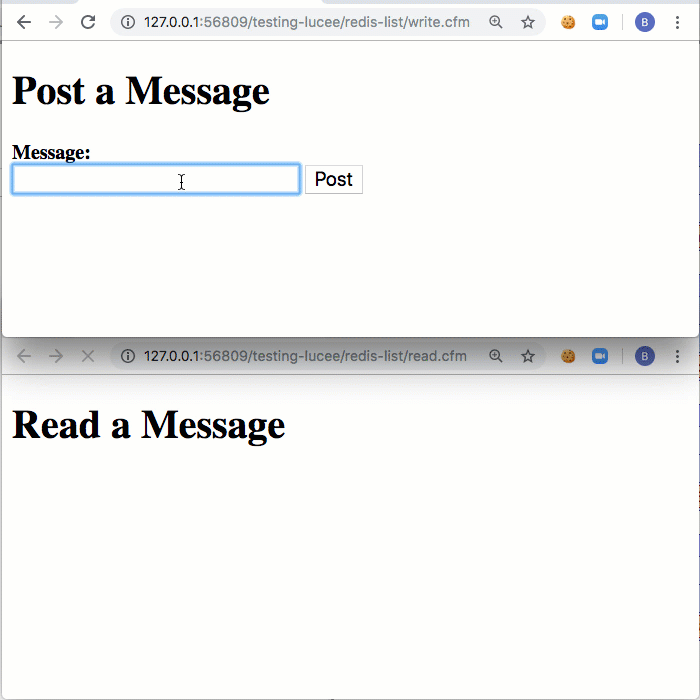 Messages being pushed and popped from a Redis List using Lucee 5.2.9.40.